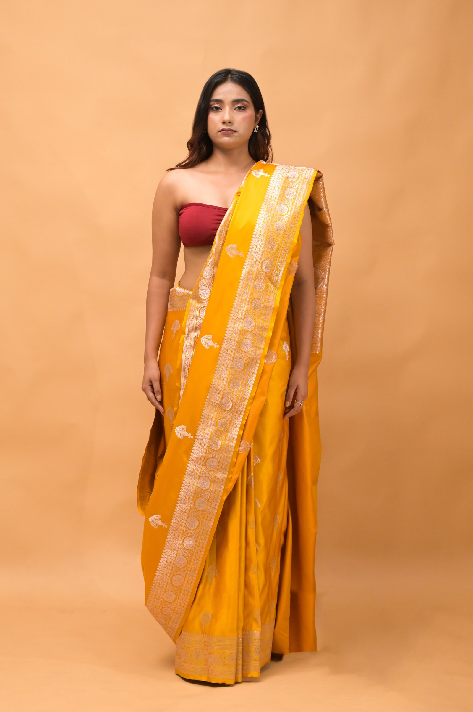 Musturd Yellow Mashroom Buta Silk Banarasi katan Saree